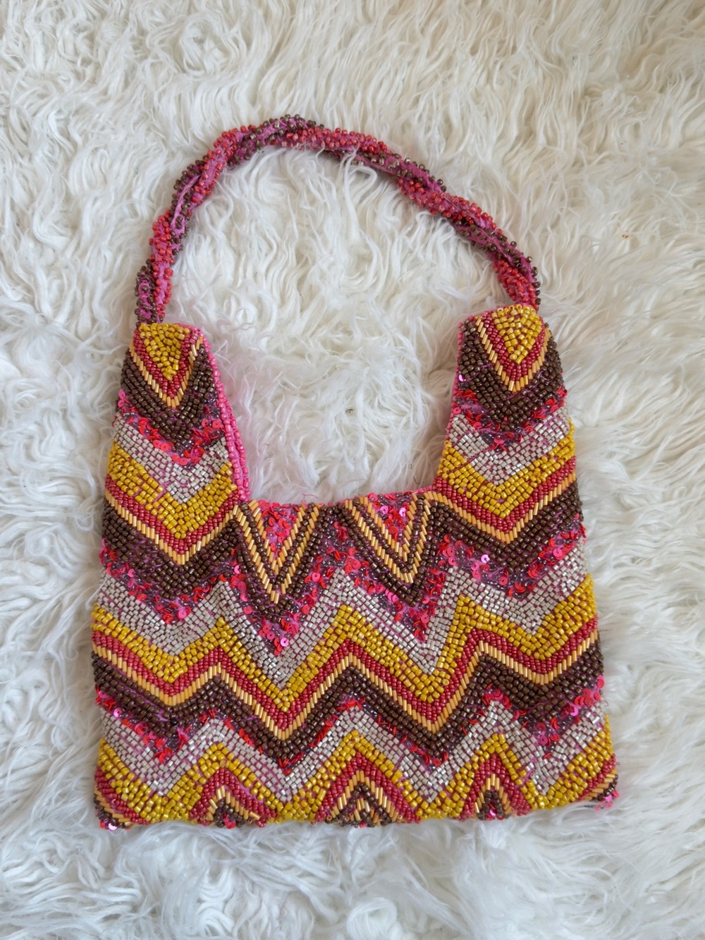 Hand-Beaded Chevron Shoulder Bag in Yellow, Pink & Brown
